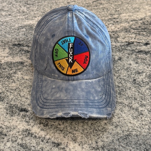 New Custom Designed Blue Distressed Baseball Cap with F@ck Me Embroidered Patch.
